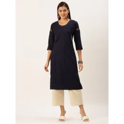 SHOWOFFFF Navy Cotton Calf Length Straight Kurta image 4