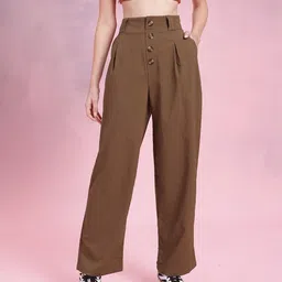 DressBerry Women Comfortably Grunge Textured Pleated Mock Button Trousers-image-5