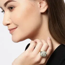 YouBella Floral Gold-Plated Grey & White Cocktail Stone-Studded Adjustable Rings-picture-34