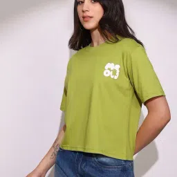Globus Women Green Round Neck Short Sleeves Graphic Print Oversized Crop T-Shirt image 3
