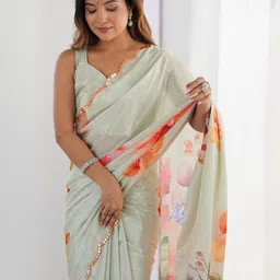 Mitera Floral Printed Kutchi Mirror Work Lace Border Saree image 2