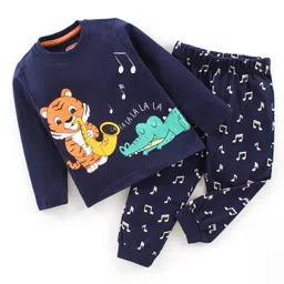Babyhug Cotton Knit Full Sleeves Tiger Print Night Suit - Navy Blue image 1