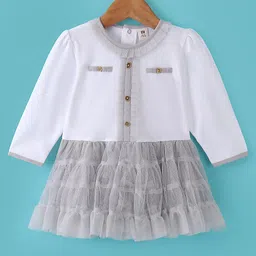 ToffyHouse Cotton Interlock Supercombed Full Sleeves Party Dresses With Frill Detailing - White-picture-12