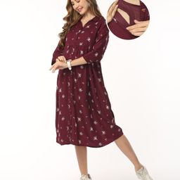 Bella Mama Viscose Three Forth Sleeves Maternity Dresses with Pocket Floral Print - Maroon Wine-picture-4