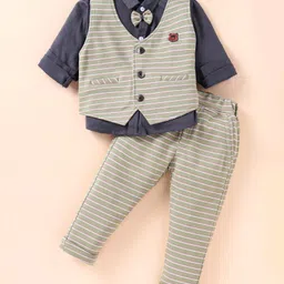 Mini Taurus Sinker Knit Full Sleeves Striped 3 Piece Party Suit with Attached Bow - LightGreen-picture-22