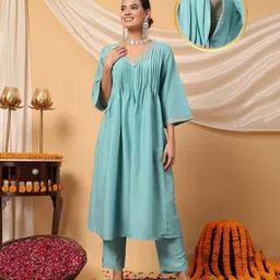 ZelenaThree Fourth Sleeves Maternity Feeding Kurta Set With Zip Nursing Access & Pockets - Turquoise-image-27