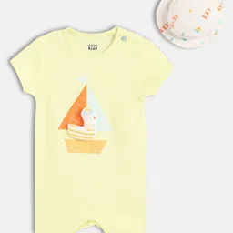 MINI KLUB Cotton Knit Half Sleeves Sailboat Printed Bird Applique Detailed Romper With Cap - Yellow-picture-23
