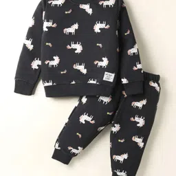 CUCUMBER Looper Knit Full Sleeves Co-ords Night Suit with Unicorn Print - Black-picture-14