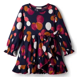 CrayonFlakes Cotton Knit Full Peasant Sleeves Dots Printed Ruffle Detailed Dress - Navy Blue-image-3