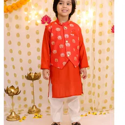 BownBee Poly Blends Woven Full Sleeve Polka Dot Print Jacket With Kurta Pajama Set - Rust Orange-picture-20