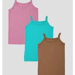 Kiddopanti Cotton Knit Pack Of 3 Sleeveless Solid Camisoles - Green Brown & Pink Melange-picture-30