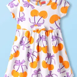 Babyhug Single Jersey Knit Half Sleeves Frocks With Fruit Print & Bow Applique Pack of 2 - Orange & White image 2