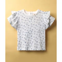 ToffyHouse Knit Half Sleeves Top & Skirt Set with Waistcoat Bow Applique & Floral Print - Navy Blue image 2