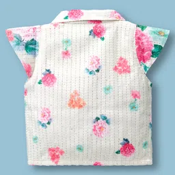 Twetoons Cotton Knit Cap Sleeves Co-ords Top & Pant Set with Floral Print - White image 3