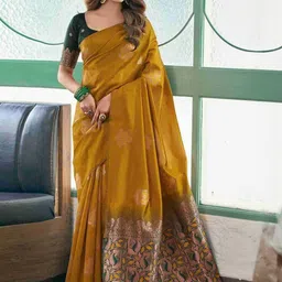 VASTRAAVEDAA Ethnic Motifs Woven Design Zari Banarasi Saree with Blouse Piece-picture-34