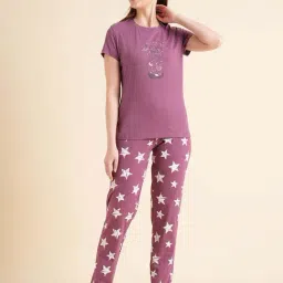 Sweet Dreams Purple Cotton Printed T-Shirt Pyjama Set-image-61