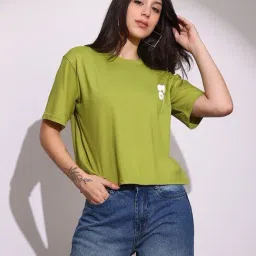 Globus Women Green Round Neck Short Sleeves Graphic Print Oversized Crop T-Shirt image 4