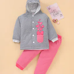 Babyhug Cotton Winter Wear Heart Patched Hooded T-Shirt and Dotted Lounge Pant - Navy Blue Pink-picture-26