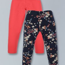 Plum Tree Pack Of 2 Solid & Floral Printed Leggings - Coral Pink Navy Blue-picture-22