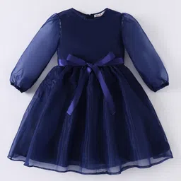 Kookie Kids Full Sleeves Party Frock with Bow Applique Solid Colour - Navy Blue-picture-16