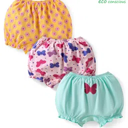 Babyoye Cotton Elastane Knit Bloomers With Floral & Butterfly Print Pack Of 3 - Pink Yellow & Light Blue-picture-24