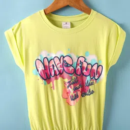 Smarty Girls Cotton Knit Half Sleeves Top with Have Fun Text Print -Limegreen-image-74