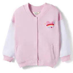 Bonfino 100% Cotton French Terry Knit Full Sleeves Oversized Bomber Jacket with Heart & Rainbow Embroidery - Pink-picture-27