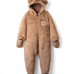 Babyhug Fur Knit Full Sleeves Front Open Winter Wear Footed Romper with Hoodie Bear Patch & Attached Mittens - Brown-picture-16
