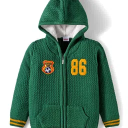 Babyhug Knit Full Sleeves Hooded Front Open Sweater with Patch Detailing & Kangaroo Pocket - Green-picture-14