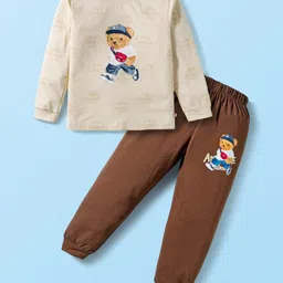 Mini Donuts Single Jersey Knit Full Sleeves T-Shirt & Joggers Set with Teddy Print - Peach & Brown image 1