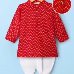 EARTHY TOUCH Single Jersey Knit Full Sleeves Kurta Dhoti With Bandhani Print - Red-image-58