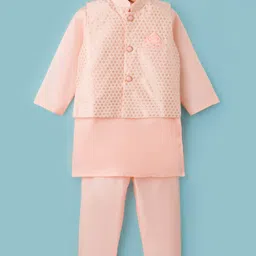Ridokidz Full Sleeves Solid Kurta Pyjama With Geometric Embroidered Jacket Set - Light Pink-picture-19