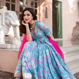 KALINI Floral Printed Empire Pure Cotton Kurta with TrousersWith Dupatta image 3