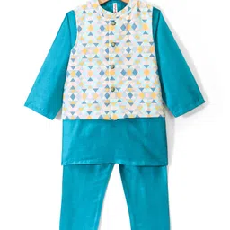 Babyhug 100% Cotton Full Sleeves Kurta & Pyjama Set With Jacket Pyramid Print - Blue image 2
