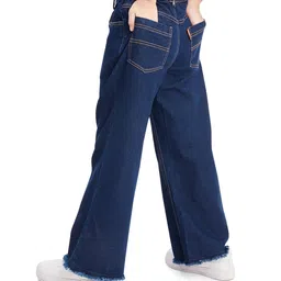 Olele Cotton Denim Wide Leg Baggy Solid Jeans- Navy Blue image 3