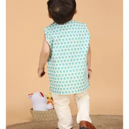 Polka Tots Cotton Sleeveless Baby Elephants Printed Jhabla & Pant Set - Aqua Blue image 3