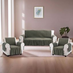 RUBOXA Green Solid Velvet 3 Piece Sofa Cover With Arms-picture-4