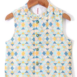 Babyhug 100% Cotton Full Sleeves Kurta & Pyjama Set With Jacket Pyramid Print - Blue image 3