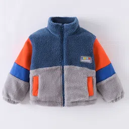 Kookie Kids Full Sleeves High Neck Winter Fur Jacket with Colour Block Design & Text Embroidery - Grey image 3