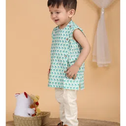Polka Tots Cotton Sleeveless Baby Elephants Printed Jhabla & Pant Set - Aqua Blue image 4