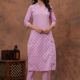 DERAIL Printed Mandarin Collar Angrakha Pure Cotton Straight Kurta With Trousers & Dupatta-image-51