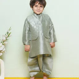 AJ Dezines Pure Cotton Full Sleeves Solid Kurta & Dhoti With Mirror Work Embellished Jacket - Green-picture-10