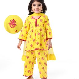 Earthy Touch Single Jersey Knit Full Sleeves Printed Kurta & Palazzo Set with Dupatta - Yellow-picture-16