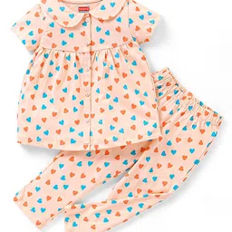 Babyhug Single Jersey Half Sleeves Pyjama Set Hearts Print - Peach-picture-28