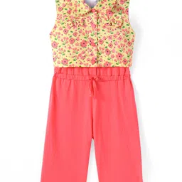 Babyhug Single Jerssey Knit Sleeveless Jumpsuit with Floral Printed Collared Top - Coral-picture-33