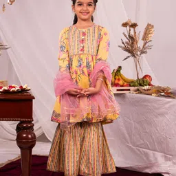 Vastramay Cotton Three Fourth Sleeves Floral Printed Kurta And Sharara With Dupatta Set - Yellow image 1