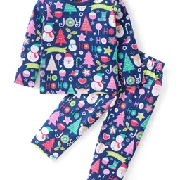 Babyhug Cotton Knit  Full Sleeves Night Suit with Christmas Theme Print - Navy Blue-picture-10