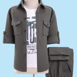 Rikidoos Full Sleeves Textured Shirt With Typography Printed Tee & Pant - Dark Grey & White-picture-13