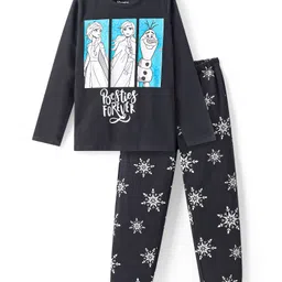 HoneyHap Disney Single Jersey Knit Full Sleeves Night Suit With Elsa & Friends Graphic - Black-picture-30