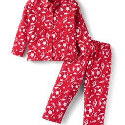 Doodle Poodle 100% Cotton Full Sleeves Front Open Co-ords Night Suit with Sports Print - Red-picture-12